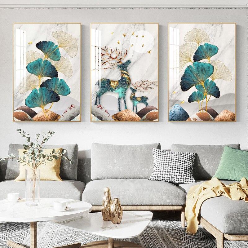 Moderní luxusní obraz Ginkgo Leaf Plakát na plátně Zlaté rostliny Elk Umělecký tisk Vánoční dekorace Obraz Aesthtic Room Wall Decor