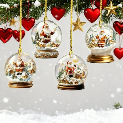 4 Τεμάχια Χριστουγεννιάτικη Γυάλινη Μπάλα Άγιος Βασίλης Χειμερινή Εορταστική Διακόσμηση Χριστουγεννιάτικου Δέντρου 2D Ακρυλική Μπάλα Άγιος Βασίλης Χιονόσπιτο Διακόσμηση