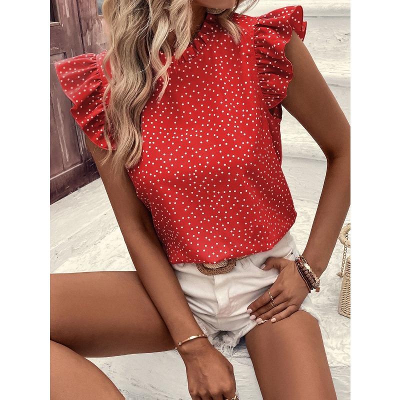 GMXIA Women's Fashion Casual Summer Spring Polka Dot Print Sleeveless O-Neck Blouses & Shirts