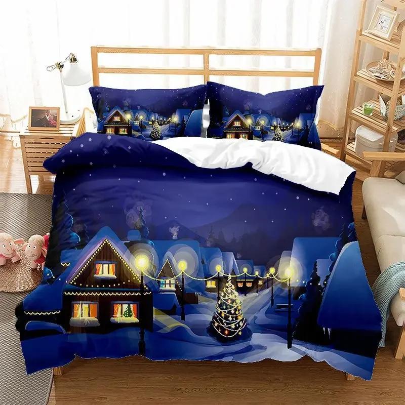 Comforter Christmas Snowflake Full Size Bedding Set Print Colorful Merry Christmas Gift Tree Microfiber Fabric 2/3Pcs Kids