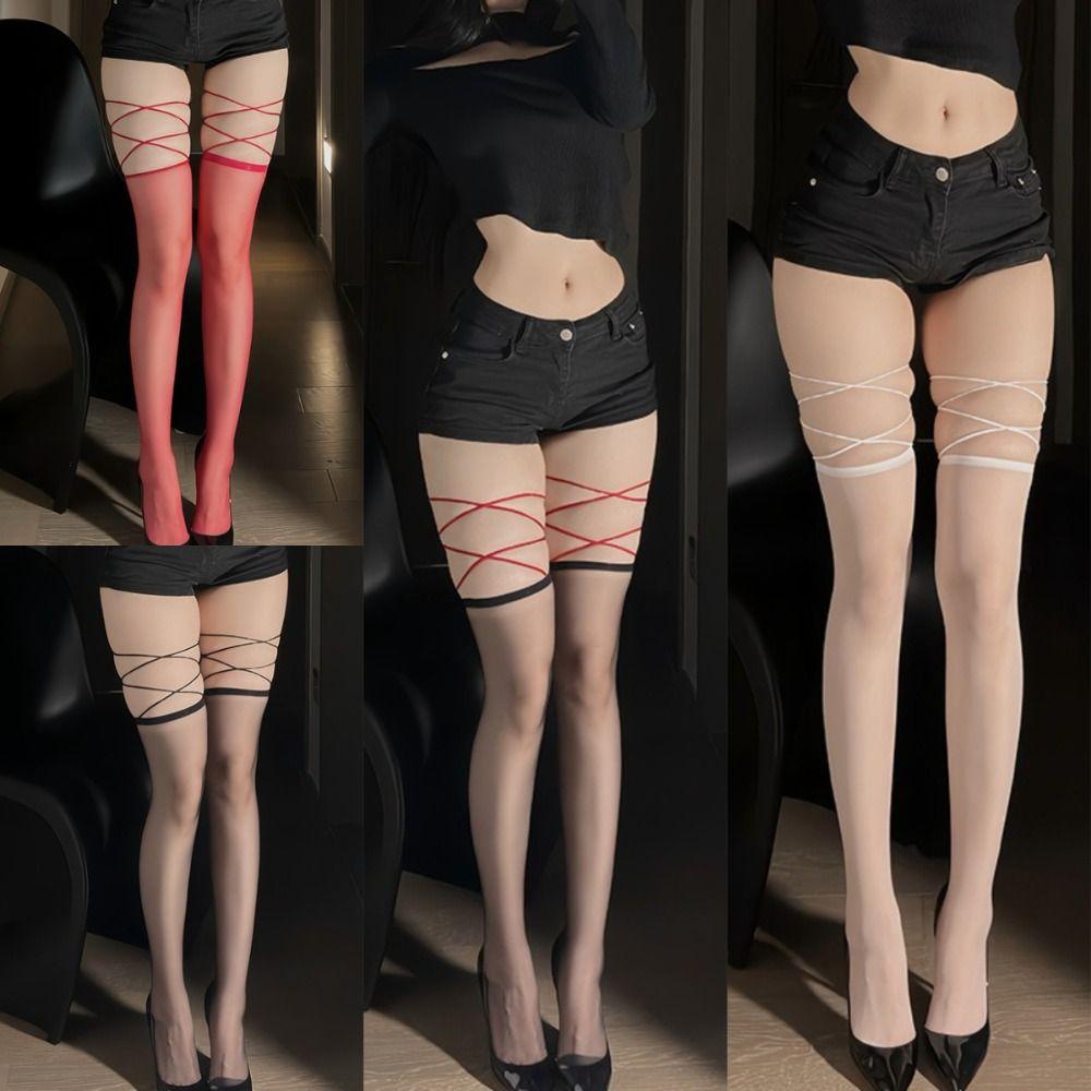 2Pairs Lolita JK Lace up Stocking Transparent Thigh High Stockings Chic Above Knee Stockings Party