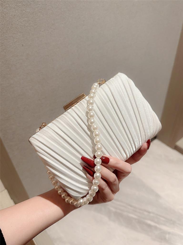 Ladies casual Pleated Design Satin Box Dinner Bag Faux Pearl Handbag Romantic Wedding Bag Bridal Bag Banquet Bag Evening Bag Prom Bag Chain Bag
