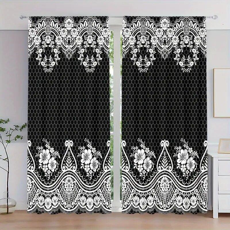 

2pcs- Elegant black floral pattern printed curtains window decorations home decorations room decorations 100*130 Rod Pocket 1pcs