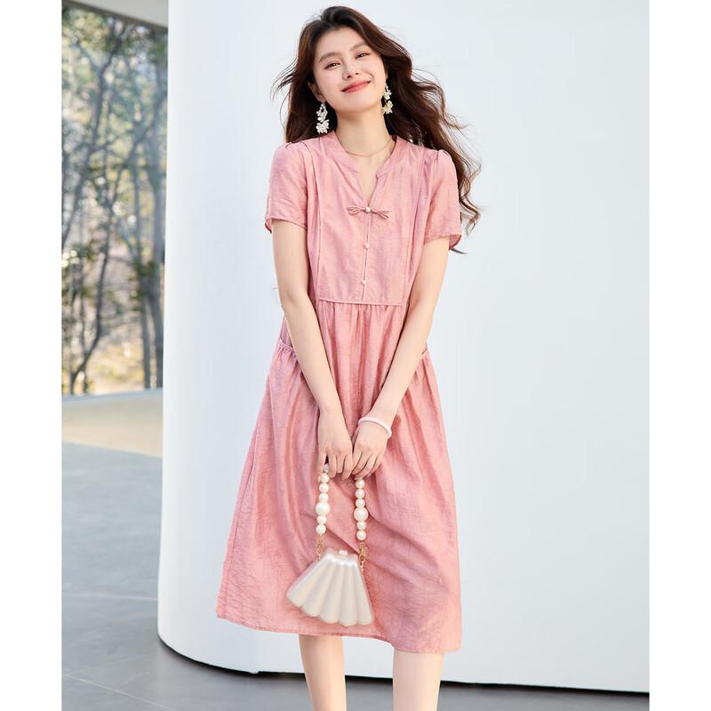 Sanpowa Elegantes Chinesisches Stil V-Ausschnitt A-Linie Midi-Kleid