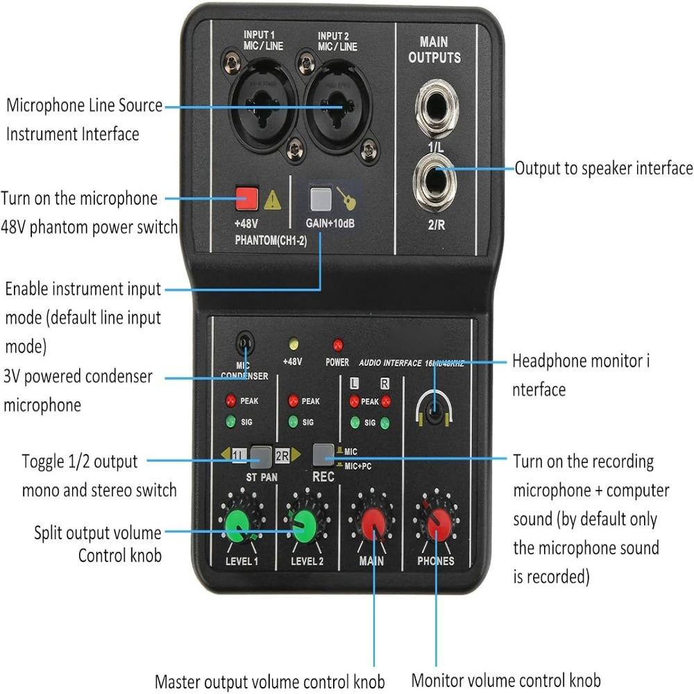 48V Power Audio Mixer Console 2 Channels USB Sound Card Sound Mixing Board  Internet Karaoke