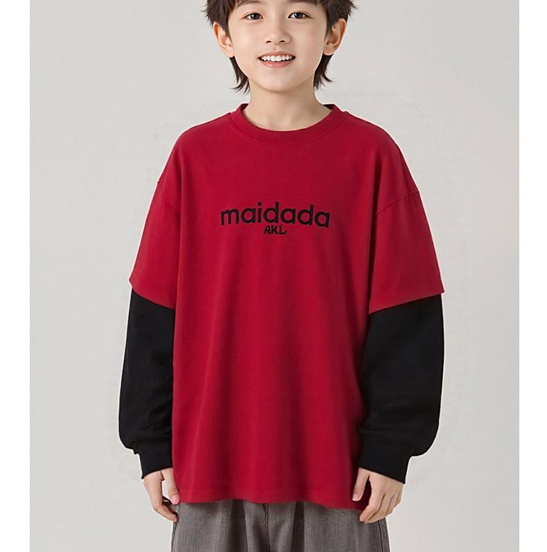 Korean Style Kids' Warm Long-Sleeve Cotton Cashmere T-Shirt for Fall/Winter - Boys' Fake Two-Piece Base Layer