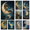 Fantasy Mondsichel Leinwandbild für Wohnzimmer Heimdekoration Mond am Sternenhimmel Poster Druck Abstrakte Wandkunst