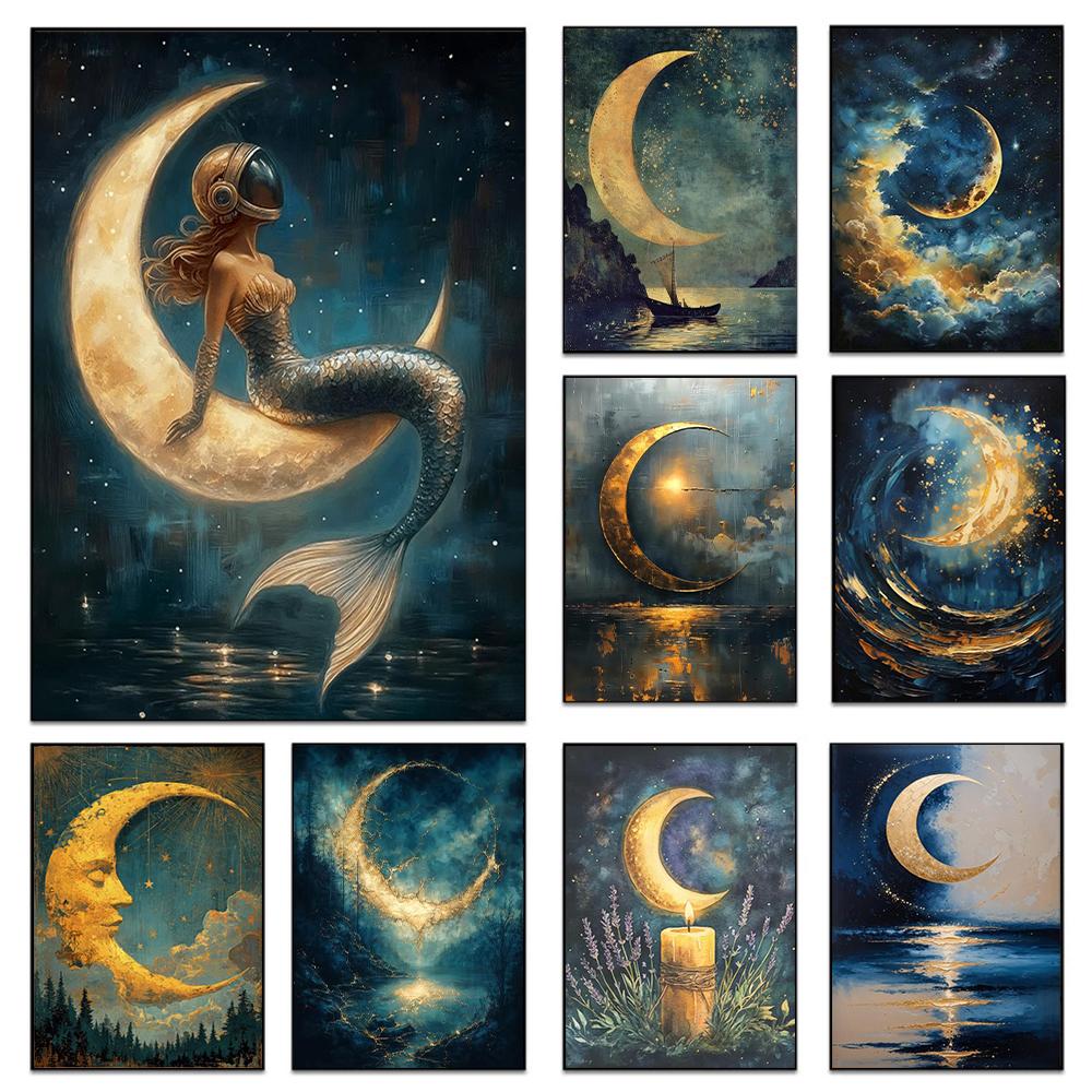 Fantasy Mondsichel Leinwandbild für Wohnzimmer Heimdekoration Mond am Sternenhimmel Poster Druck Abstrakte Wandkunst