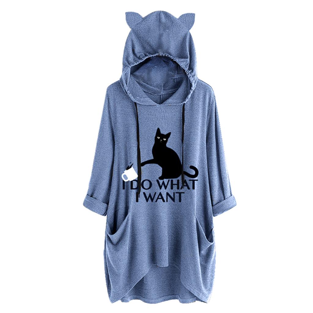 Women Casual Print Cat Ear Hooded Long Sleeves Pocket Irregular Top Blouse Shirt