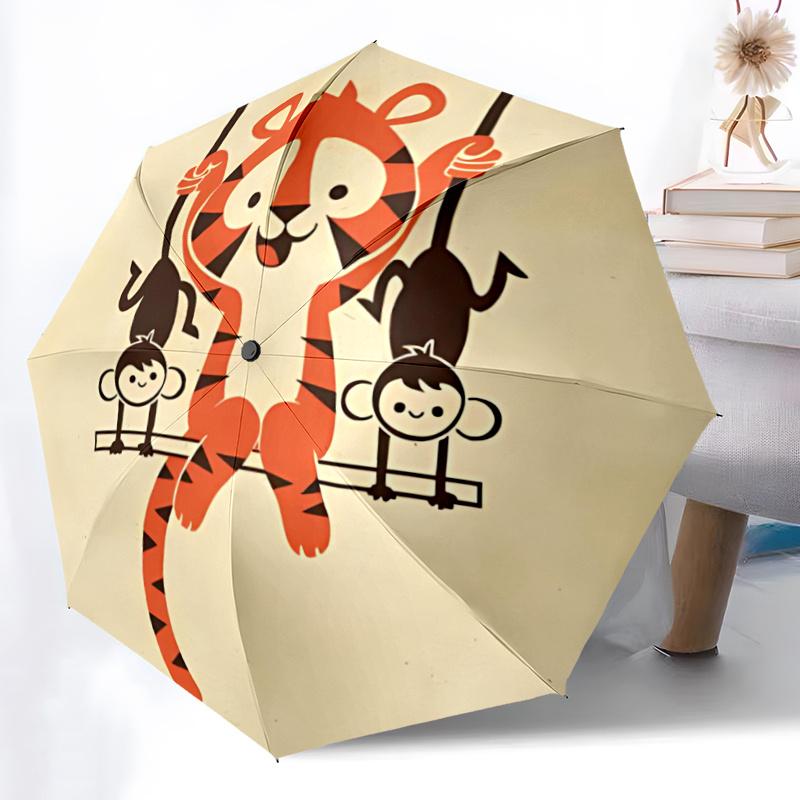 1pc Tiger Monkeys Automatic Open/close Umbrella, 8-Rib Sturdy Structure, Portable Travel Umbrella, Parties, Everyday Use, 31