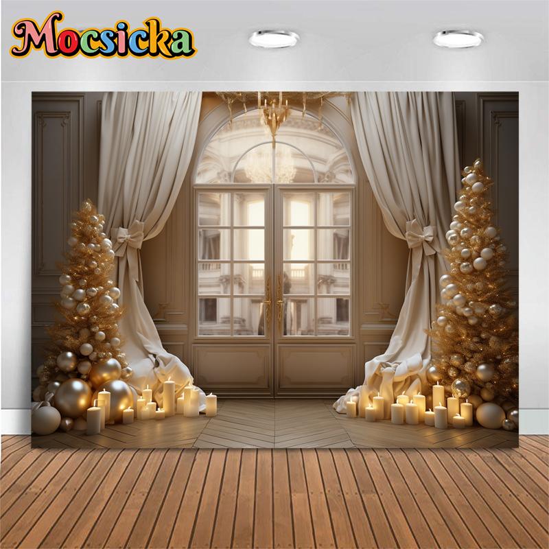 Mocsicka Gold Christmas Tree Curtain Background Wedding Birthday Party Backdrop Photography Window Door Prop Photo Studio Banner7