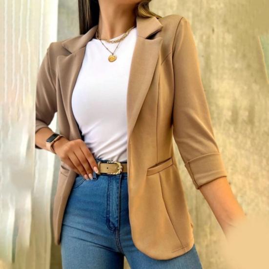 Women Fall Spring Coat Solid Color Lapel Long Sleeve Sraight Open Stitch Patch