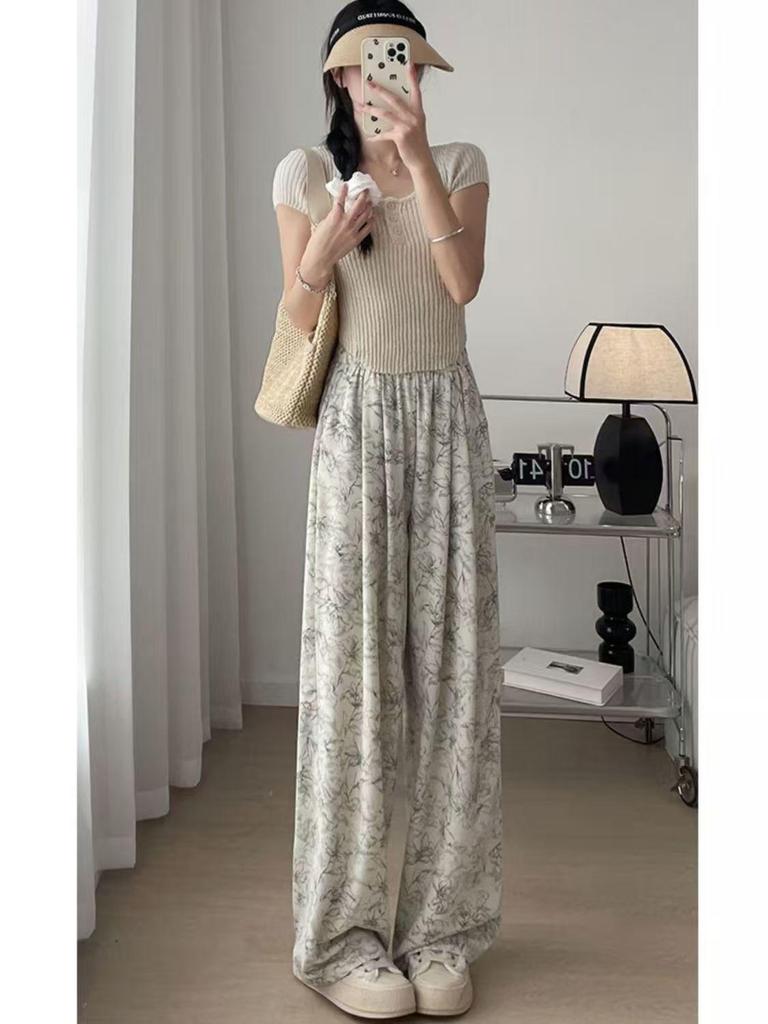 Casual High-Waist Ice Silk Ink Painting Tie-Dye Trousers