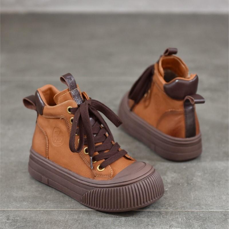 Johnature Versatile Plush Warm Short Boots Genuine Leather Round Toe Casual Women's Flat Platform Shoes