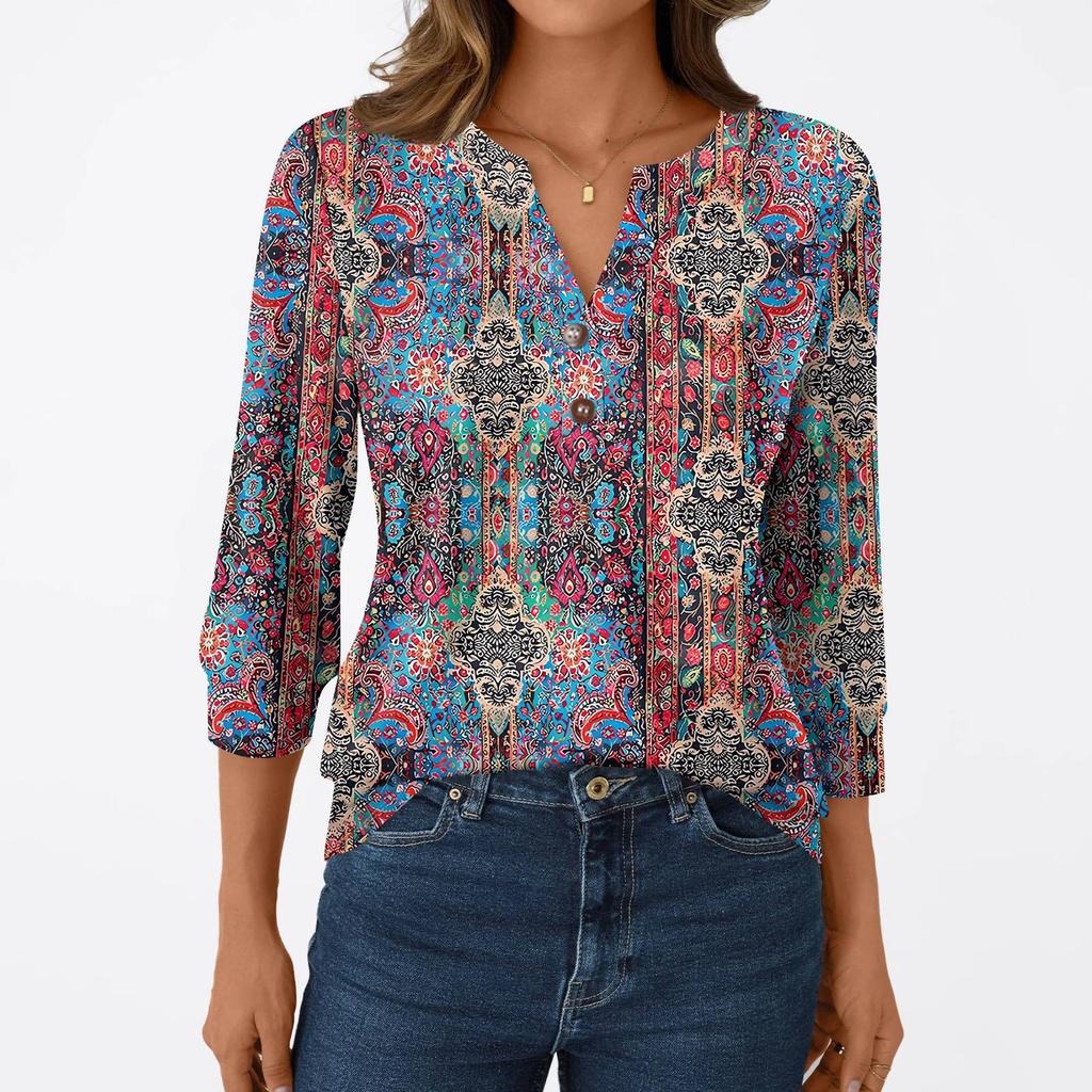 Women's Fashion Casual 3/4 Sleeve T-Shirt Prints V-Neck Button Top