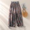 Vintage Floral Print Thin Ramie Pants Women Summer Elastic Waist Ankle Length Trousers Loose Wide Legs Pants