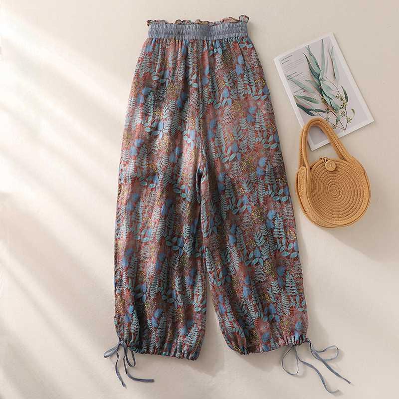 Vintage Floral Print Thin Ramie Pants Women Summer Elastic Waist Ankle Length Trousers Loose Wide Legs Pants