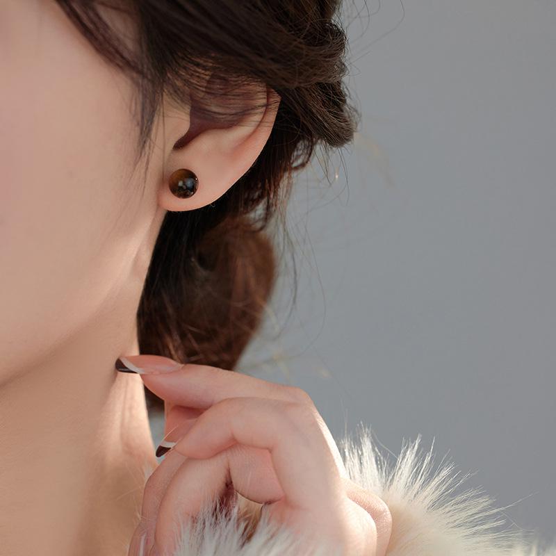 Banyan Tree Silver Tiger Eye Stone Earrings: Retro & Fashionable High-End Autumn/Winter Women's Jewelry