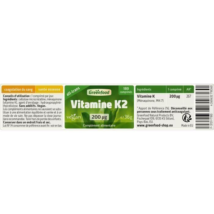 Greenfood vitamine k2 (mk7, all-trans), 200 mcg, dose élevée, 120 gélules, vegan. sans additifs artificiels.