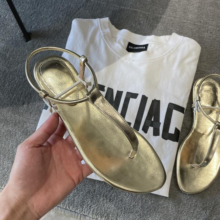 Schaflederversion~ Echte Leder goldene Römersandalen Damen Sommerbekleidung Einwort mit flachem Boden rutschfeste Zehensteg-Flip-Flops Schuhe