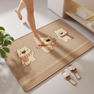 Cartoon Print Linen Bath Mat - Non-Slip Bathroom Rug with Woven Texture, Quick Dry & Machine Washable, Rubber Backing Design