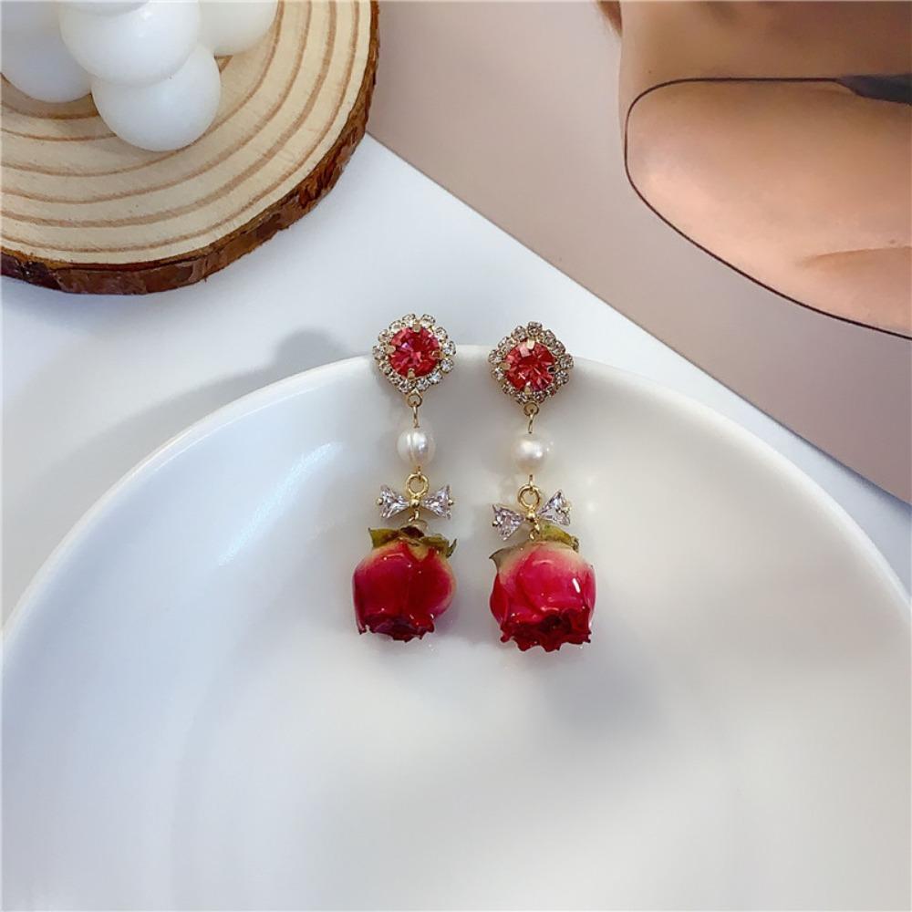 Rose Dried Flower Pendant Earrings Vintage Real Flower Earrings  Bridal Gown Earrings