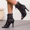 New Women's Sexy High Heel Hollow Mesh Sandal Women Cross-tied Peep Toe Heeled Sandals Ankle Strap Dance Shoes Black Net Sandals