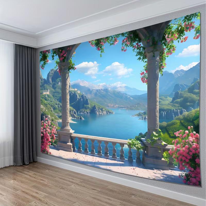 2D European Garden View Tapestry, Aesthetic Nature Landscape Wall Art for Room Decoration