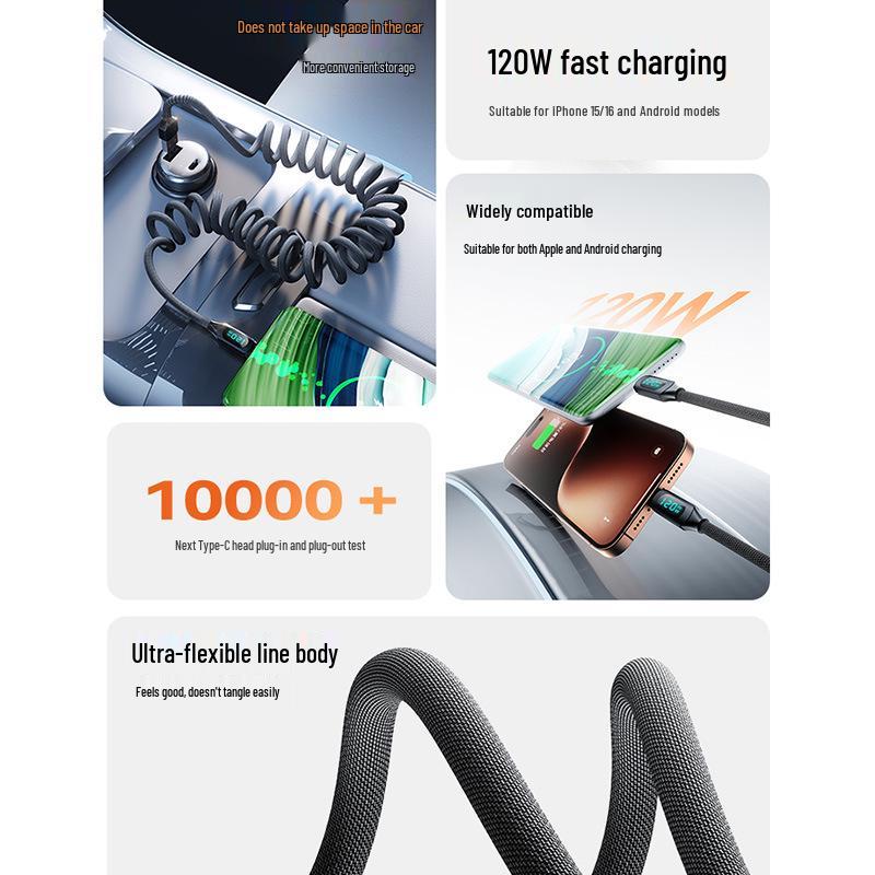 Digital Display 120W Fast Charging Type-C Retractable Car Charger Cable for Apple & Huawei