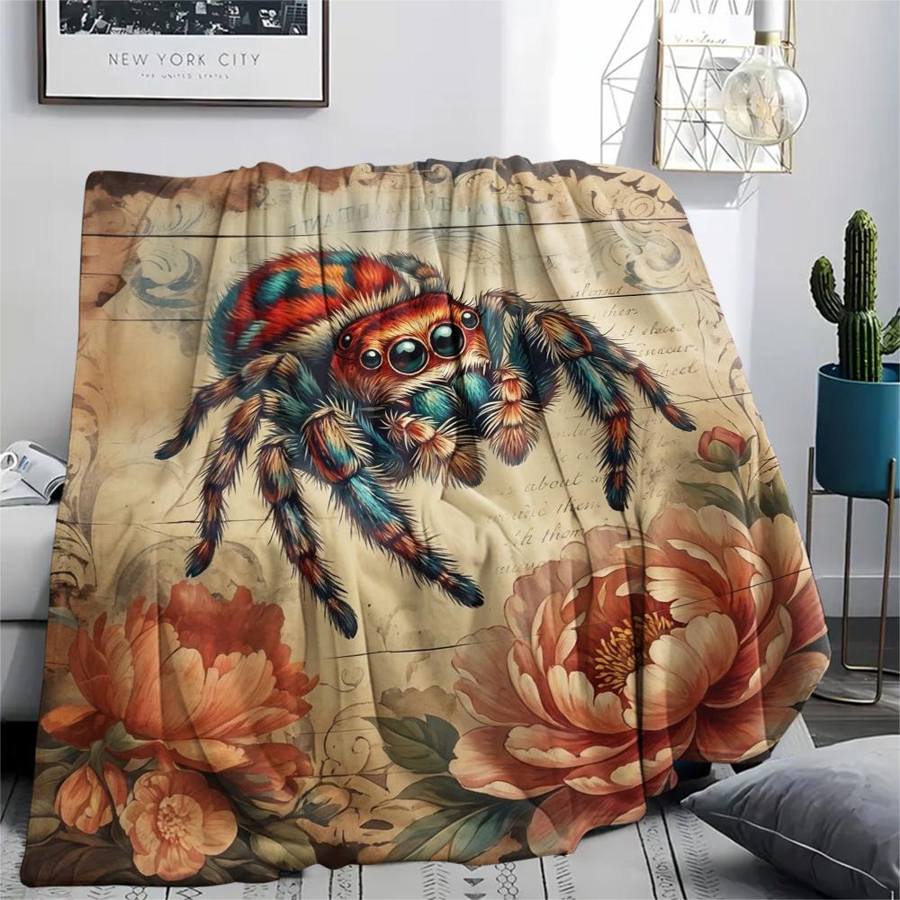 1PC Retro Spider Snake Print Flannel Blanket, High quality All Seasons, Home Decor, Warmth and Comfort, Perfect for Christmas Gifts