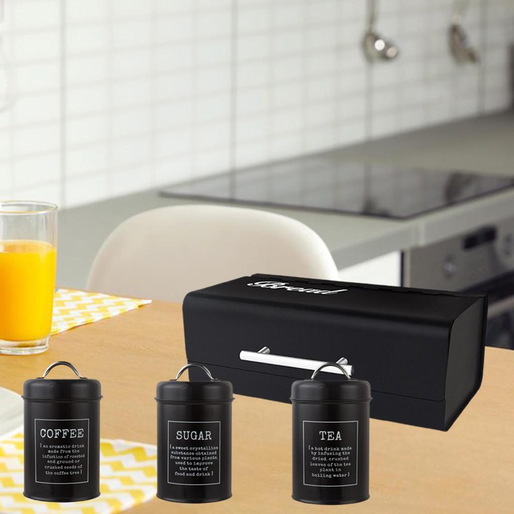 4x Large-Capacity Bread Box Set Storage Kitchen Countertop for Food coffee and sugar - Black