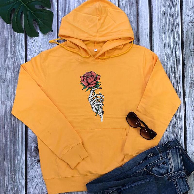 Skeleton Hand ROSE Hoodies Loved Halloween Hoody Rtistic Rose COLORED Jumper Women Fashion Casual Grunge Aesthetic Cotton Tops