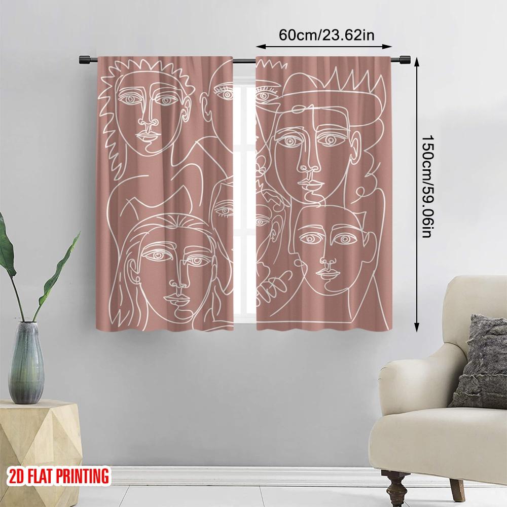 2pcs,2D Plane Printing Window Curtain Cubist Faces Versatile 100% Polyester (without Rod) Festive Perfect for Bedroom, Living