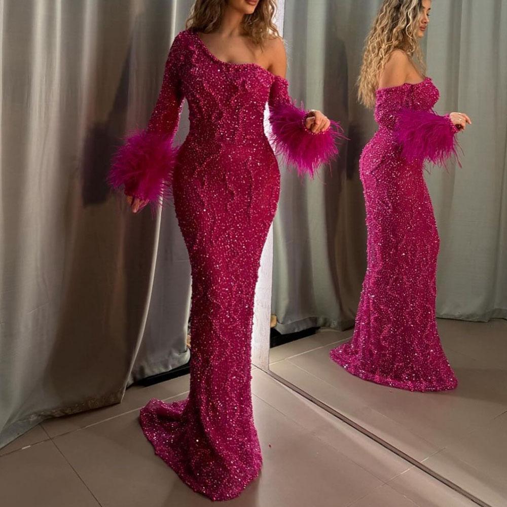 Blue elegant feather one-shoulder long-sleeved fishtail long dress high-end celebrity art test solo dress LA11191