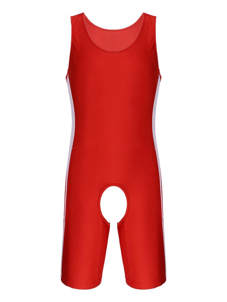 Mens One Piece Bodysuit Open Crotch Design U Neck Sleeveless Jumpsuit Color Block Nightwear Loungewear