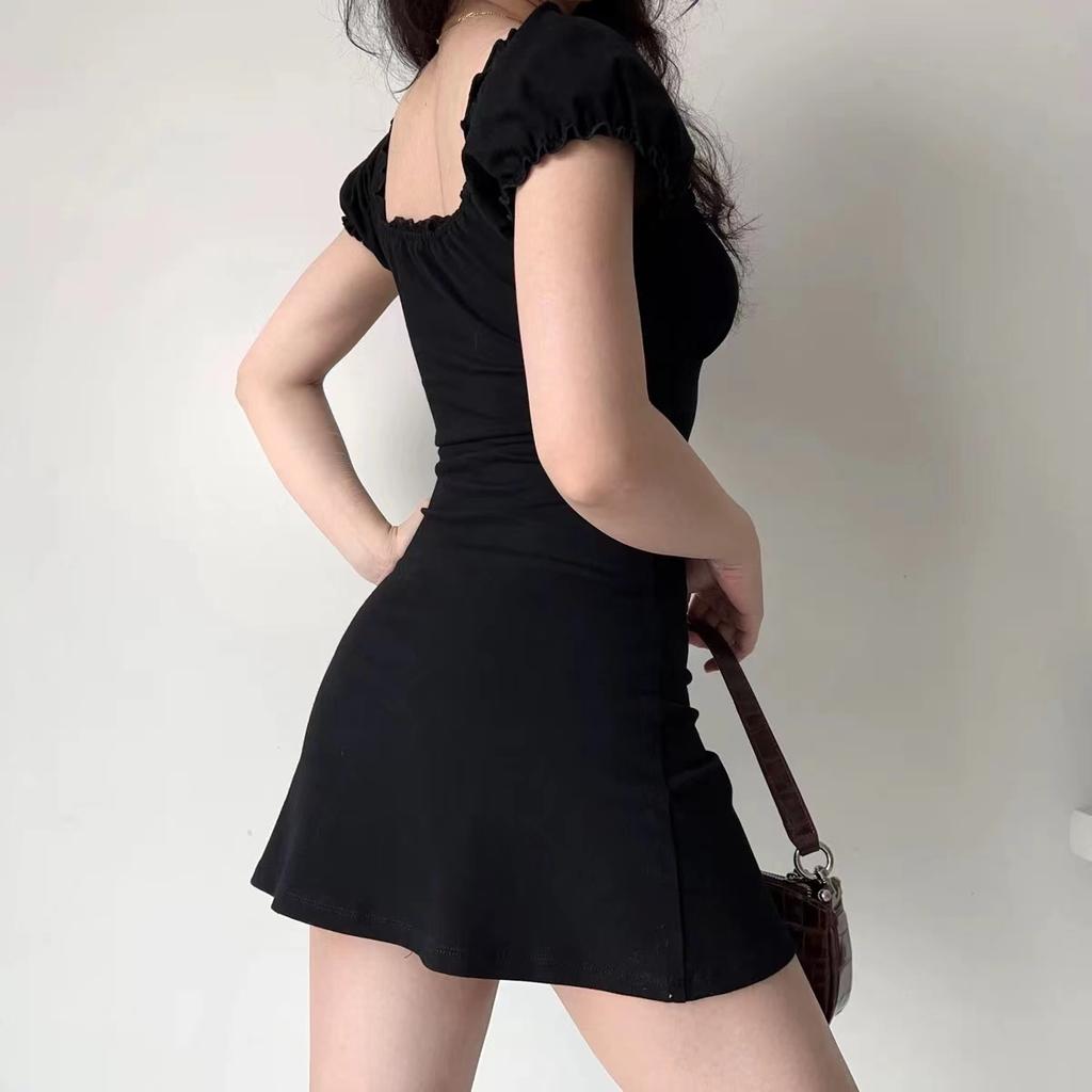 Summer Sexy Mini Dress Women Short Sleeved Lace Up Hollow Casual Backless Folds Bodycon Black Dress Party Elegant A-LINE Dresses