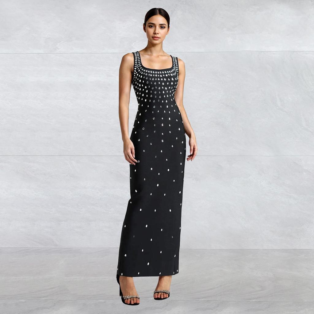 C7117 Fashion Women's Sleeveless U-neck Bodycon Dress with Hot Drilling, European and American Style.
