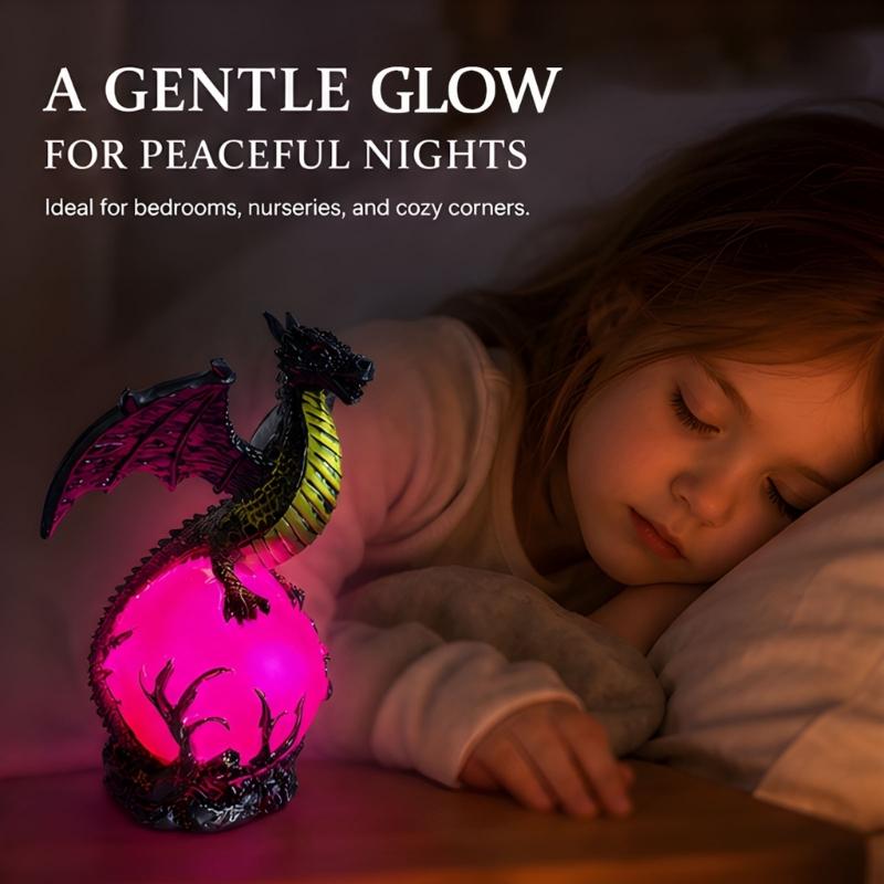 Dragon Figurine Lamp for Shelf Placement and Desk Display, Fantasy Statue Form, Lighted Sphere, Black Finish, Collector Item, Bedroom Use