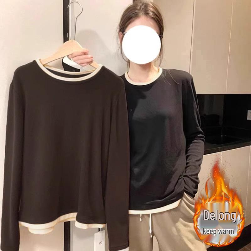 Maillard Color Block Fake Two-Piece Long Sleeve Velvet Base Shirt - Autumn/Winter Hong Kong Style for Women