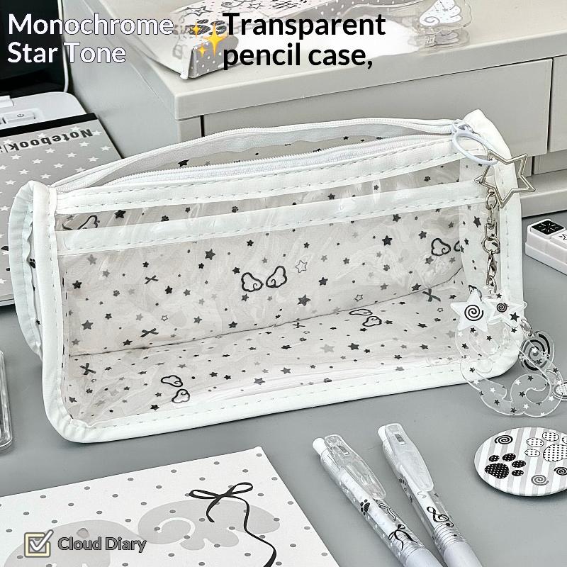 Cute Cat Star Transparent Zipper Pencil Case Large Capacity Student Pen Bag School Supplies Makeup Storage