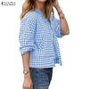 ZANZEA Women Casual Round Neck Long Sleeve Plaid Print Zipper Blouse