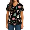 Women's Christmas Print V-Neck Double Pocket Short Sleeves Hem Slit  Uniform And Caregiver Top