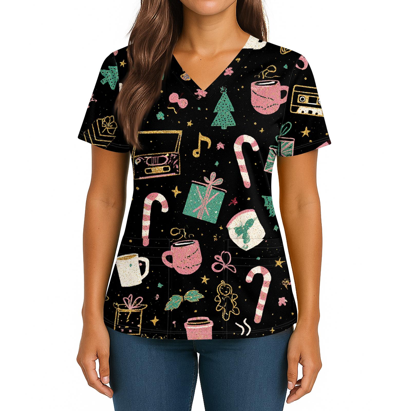 

Женская футболка с рождественским принтом, V-образным вырезом, двумя карманами, короткими рукавами, разрезом по подолу, униформа и топ для сиделки L