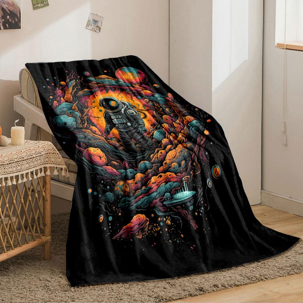 Vibrant space scene with an astronaut surrounded by swirling cosmic forms. for all seasons blanket lunch break throw gift