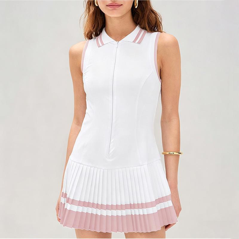 Womens Color-Block Pleated Tennis Jumpsuit With Half-Zip Collar Anti-See-Through Sport Dress Yoga Running Summer