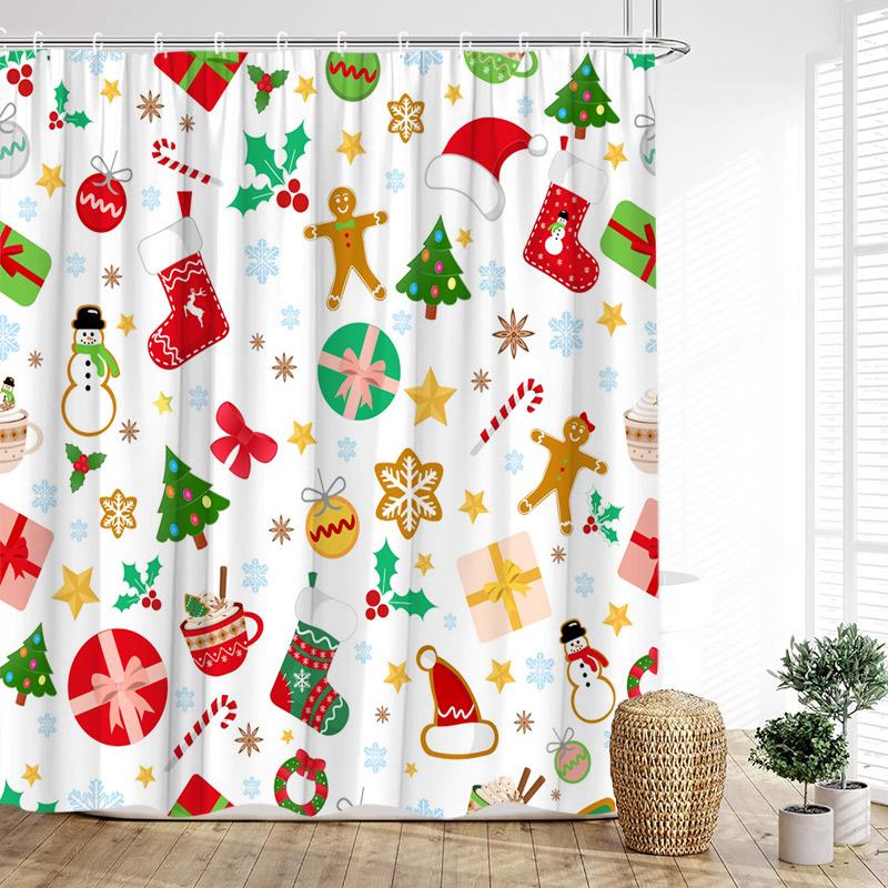 Christmas Shower Curtain Snowflake Star Xmas Trees Bath Curtains Polyester Fabric New Year Home Bathroom Decoration With Hooks