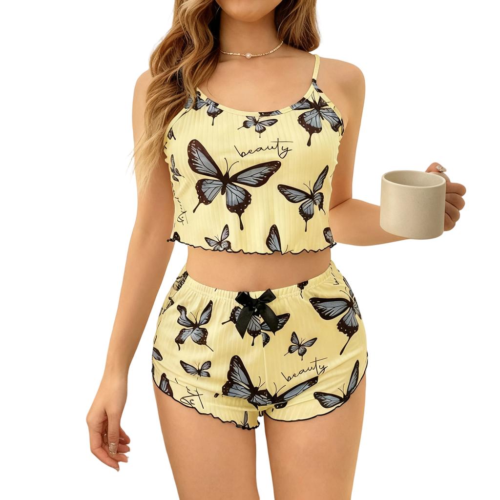 Weiches 2-teiliges Pyjama-Set für Damen, ärmellose Shorts, Loungewear-Sets, Pyjamas, Nachtwäsche