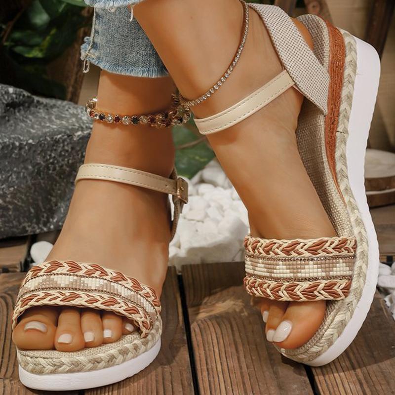 Fashion Bohemian Braided Wedge Sandals for Women Summer 2025 Beach Casual Ankle Strap Sandles Woman Plus Size Med Heel Sandalias Ladies