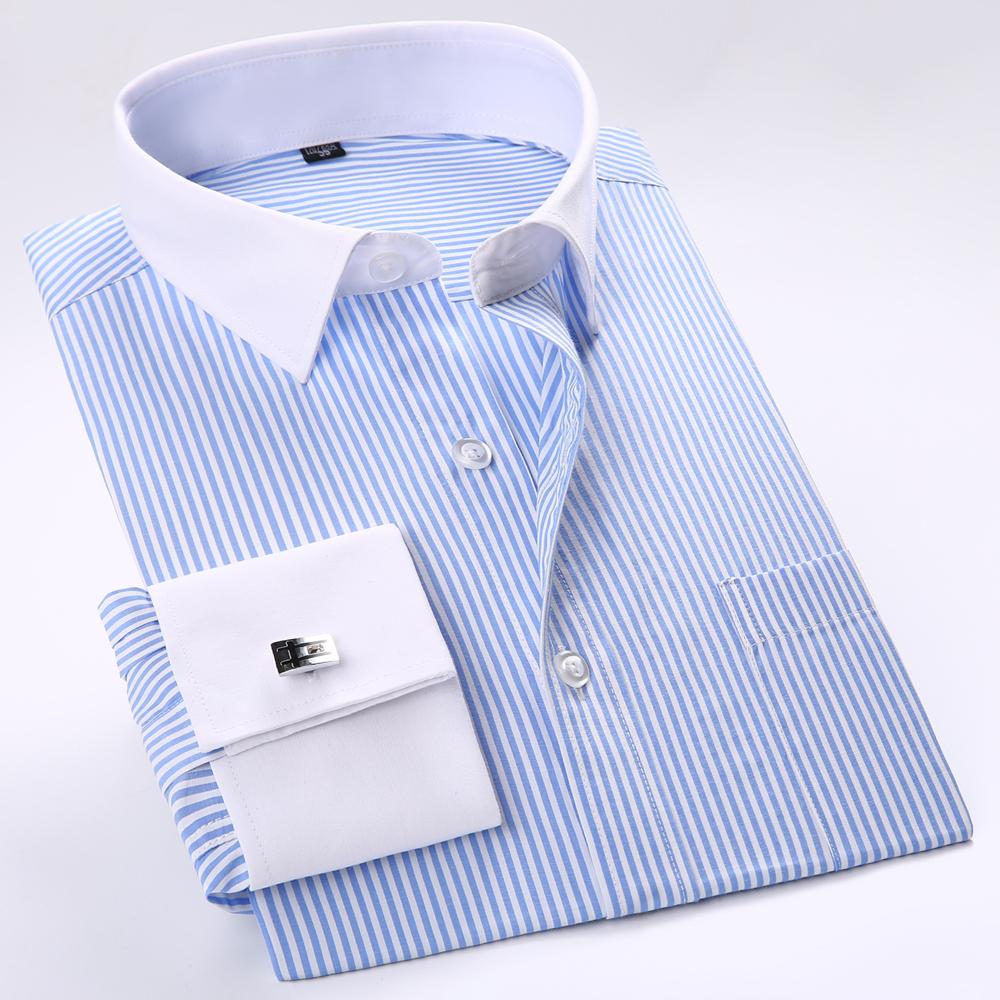 Men's Elegant French Cuff Spread Collar Striped Dress Shirt with Chest Pocket for Formal Business Wedding, Free Metal Cufflinks Included