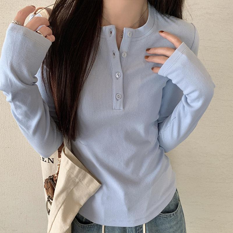 Light blue button-up front shoulder top women's early spring tight and thin Spice Girl style long-sleeved T-shirt with bottoming shirt